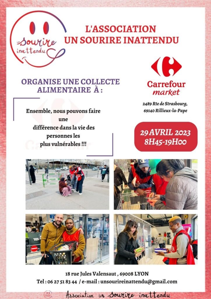 L'image représente l'affiche de la collecte alimentaire du 29 avril 2023 à Carrefour Market