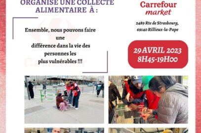 L'image représente l'affiche de la collecte alimentaire du 29 avril 2023 à Carrefour Market